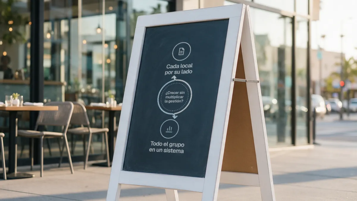 Pizarra de calle en la puerta de un restaurante con la infografía en tiza: cada local por su lado frente a todo el grupo en un sistema.