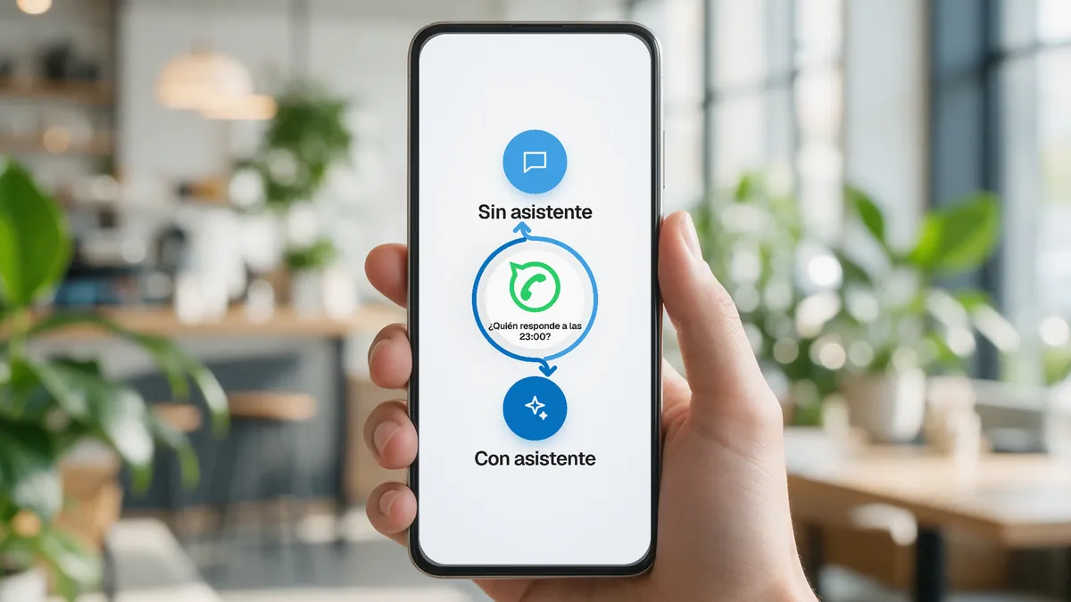 Móvil en la mano con la infografía Sin asistente frente a Con asistente y el icono de WhatsApp en el centro: ¿quién responde a las 23:00?