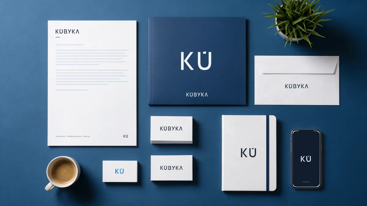 Papelería con la identidad de KUBYKA vista desde arriba: carta con membrete, carpeta azul con el símbolo KÚ, sobre, tarjetas, cuaderno y móvil.