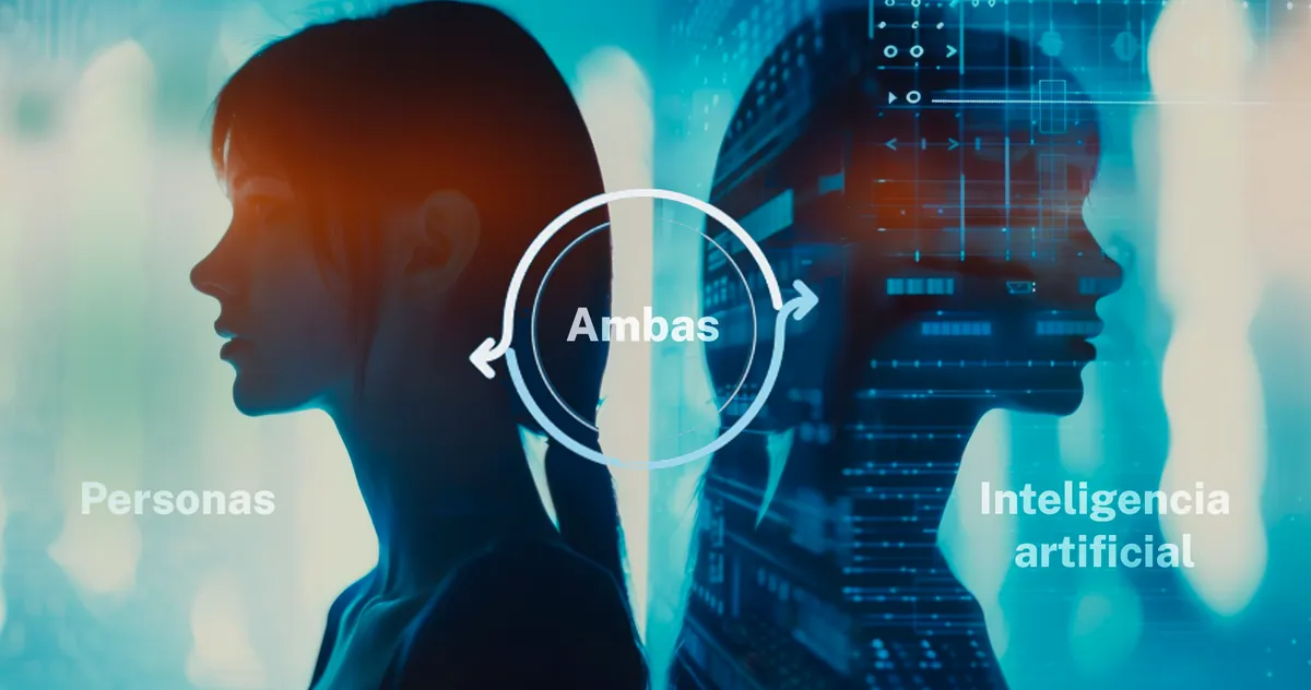 Una persona de perfil y su silueta digital espalda con espalda, con la infografía: personas e inteligencia artificial, ambas.