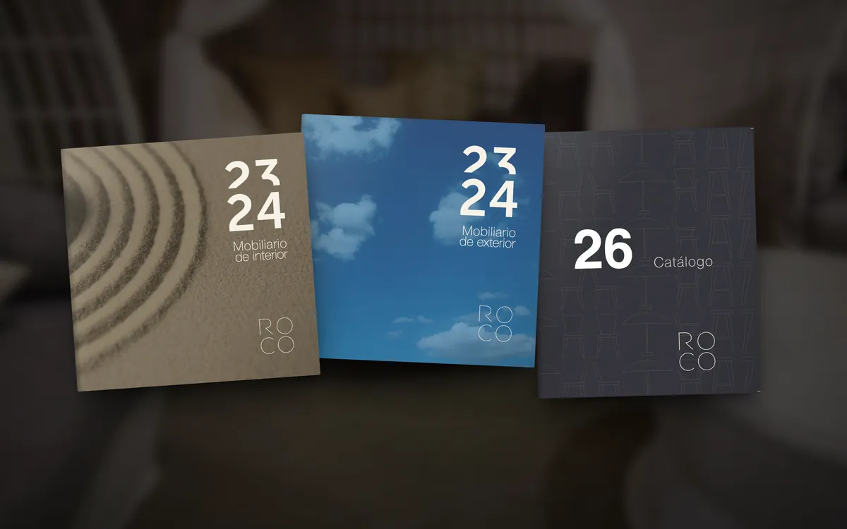 Tres catálogos de ROCO de distintos años con la misma identidad: tipografía, logotipo y estilo de imagen.